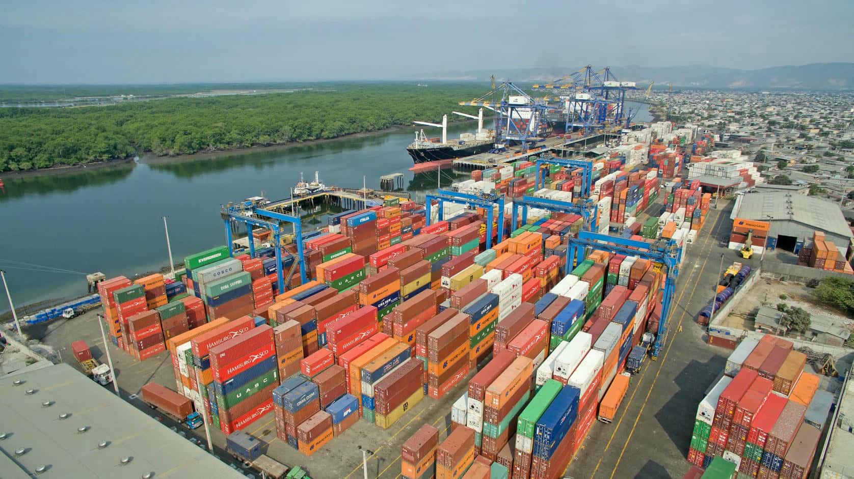 Sea freight logistics with cargo ship and containers